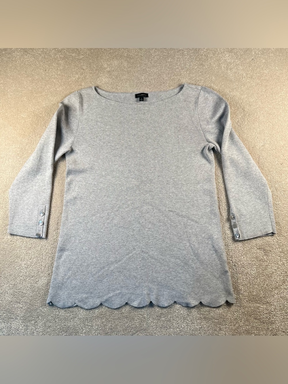 Talbot's Shirt Gray Ribbed Round Neck Scalloped Hem 3 Quarter Button Detail S